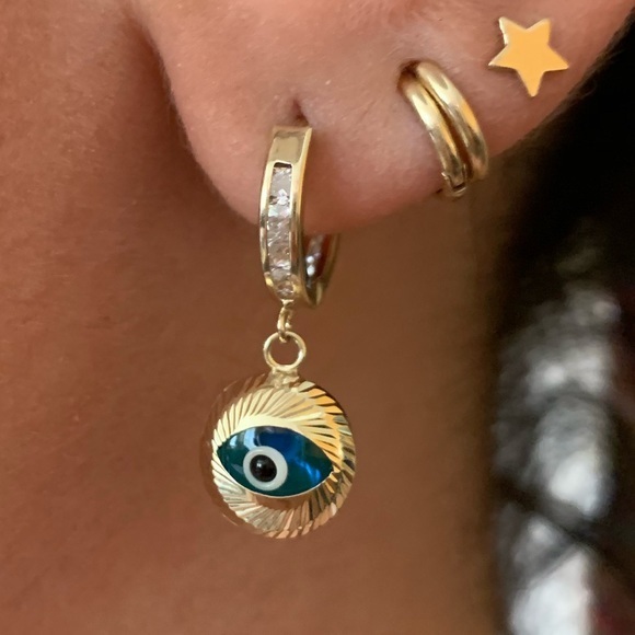 14k Yellow Gold Cz Blue Evil Eye Dangling Earrings